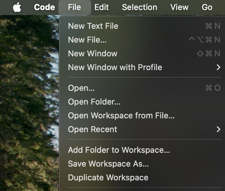Меню File в VS Code