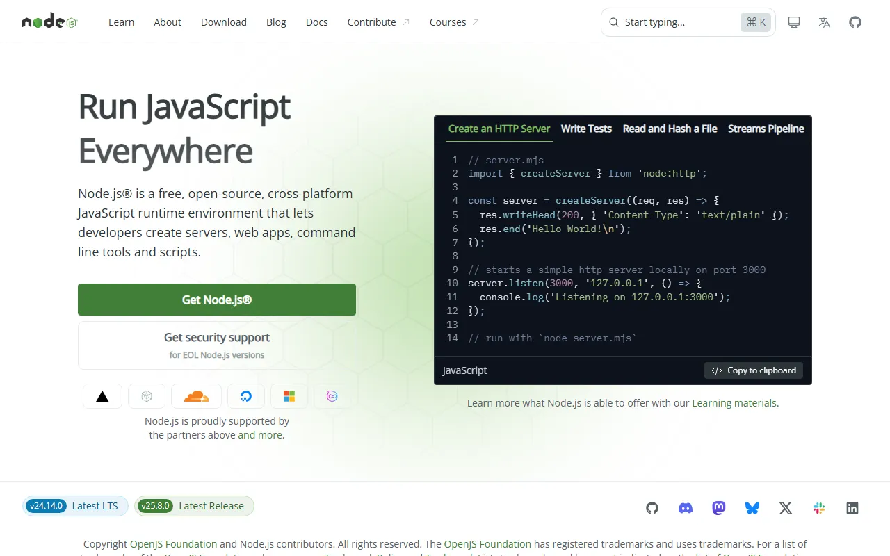 Сайт nodejs.org — кнопка Download LTS